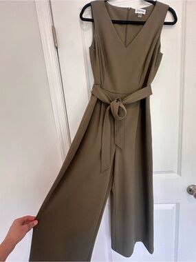 Calvin Klein Olive Green Sleeveless V-Neck Jumpsuit with Waist Tie